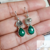 Genuine Malachite Teardrop Earrings, Herkimer Diamond Dangle Earrings, 925 Sterling Silver Handmade Gemstone Earring, Birthday Gift